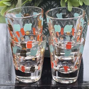 4 Vtg MCM Orange Gold Aqua Teal Blue Atomic Shot Glasses Cocktail Barware‎ Set